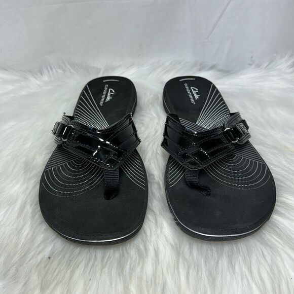 Clarks Cloudsteppers Like New Black Sea Breeze Thong Sandals Sz 9.5 - Picture 2 of 6